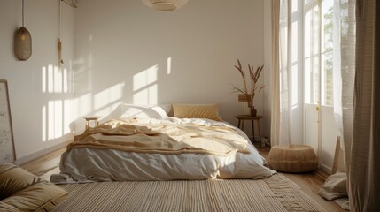 Illuminate The Bright Scandi-Style Interior Of The Bedroom, With A Focus On The Linen Bed Or Bedding, Evoking A Sense Of Calm And Simplicity