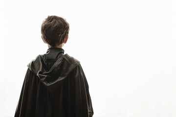 A contemplative boy in a wizard robe, standing alone against a white backdrop, devoid of surroundings. Concept of magic and fantasy. Generative Ai.