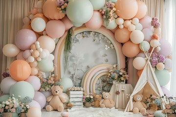 Teddy Bear and Pastel Boho Balloon Arch PNG Digital Backdrop: Perfect for Birthday, Cake Smash and Children Photos.
