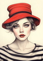 Chic woman in a striped outfit and a bold red hat, exuding elegance and style.