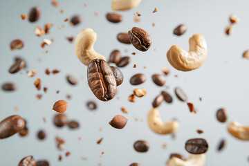 Obraz premium Nuts And Coffee Beans Are Falling From Above, Light Gray Background, Professional Barista Coffee, Hot Drink Beverage, Cafe Shop, Caffeine Drink