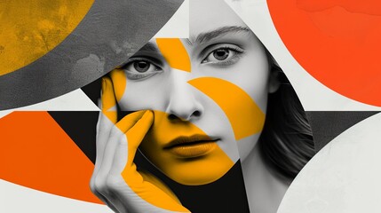 Monochrome face of a young girl in composition with geometric figures of bright colors. Abstract surrealistic collage. Portrait of a beautiful woman. Combination of photorealism with digital art.