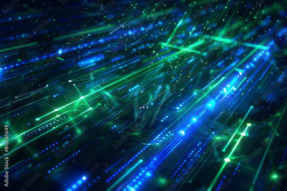 Aufkleber dynamic abstract of network connections with glowing green lights on a dark background.