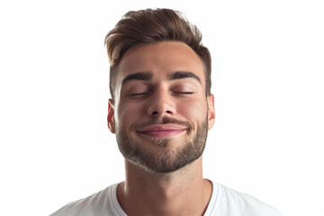 Obraz premium A man with a relaxed smile and closed eyes, separated from the environment, isolated from the background, with no background. Concept of relaxation and tranquility. Generative Ai.