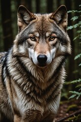 Fototapeta premium Predator's Poise: The Focused Stare of a Wolf Through the Lens