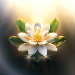 Radiant white lotus flower basking in the golden sunlight, symbolizing purity and peace.