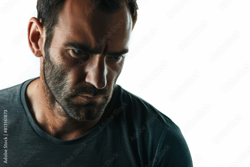 Poster a focused man with intense concentration, separated from the environment, isolated from the backgrou