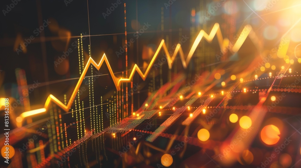 Poster a conceptual image of a golden arrow graph pointing upwards, representing financial growth and succe