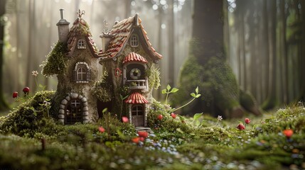 A fairytale village in the forest with many miniature houses covered with moss. Fantasy landscape. Concept of unreal world. Illustration for cover, greeting card, interior design, decor or print.