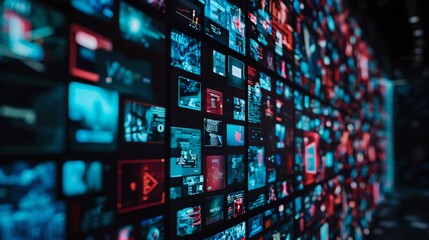 Fototapeta premium Vibrant Digital Media Wall Displaying Array of Videos. Modern Technology and Mass Information. Blurred Abstract Screens for Concepts. AI