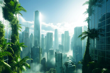 A Futuristic City Skyline With Buildings Made Entirely Of Glass And Plants Growing On Every Surface, Urban Architecture, Sustainable City, Green City