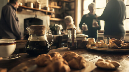 A family reunion at a rustic farmhouse, with relatives from near and far coming together over pots of freshly brewed coffee and homemade pastries. Dynamic and dramatic composition, - Powered by Adobe