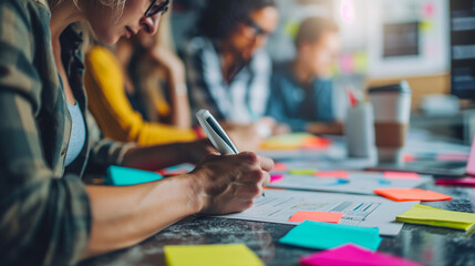 Colleagues brainstorming ideas at a coffee shop, scribbling notes on napkins and whiteboards as they fuel their creativity with caffeine. Dynamic and dramatic composition, with cop