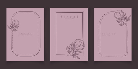 Set of frame templates in minimal linear style with hand drawn magnolia flower. Elegant floral line art border for for labels, wedding invitation, logo save the date, beauty or cosmetic industry.