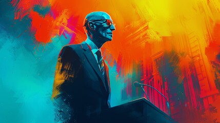 Public speaking by a man in a business suit. A speaker, event host, politician speaking from a podium, or lecturer during a speech. Speaker. Illustration in the style of a painted picture.