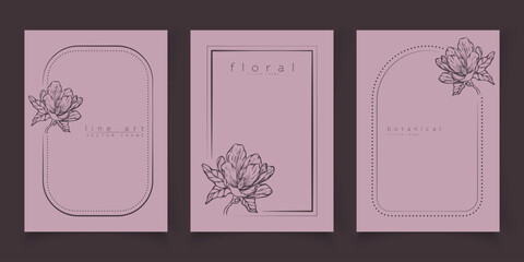 Set of frame templates in minimal linear style with hand drawn magnolia flower. Elegant floral line art border for for labels, wedding invitation, logo save the date, beauty or cosmetic industry. © taniKoArt