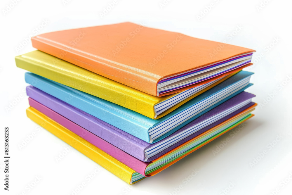Poster a stack of colorful notebooks isolated on a white background, extracted from the background, with no