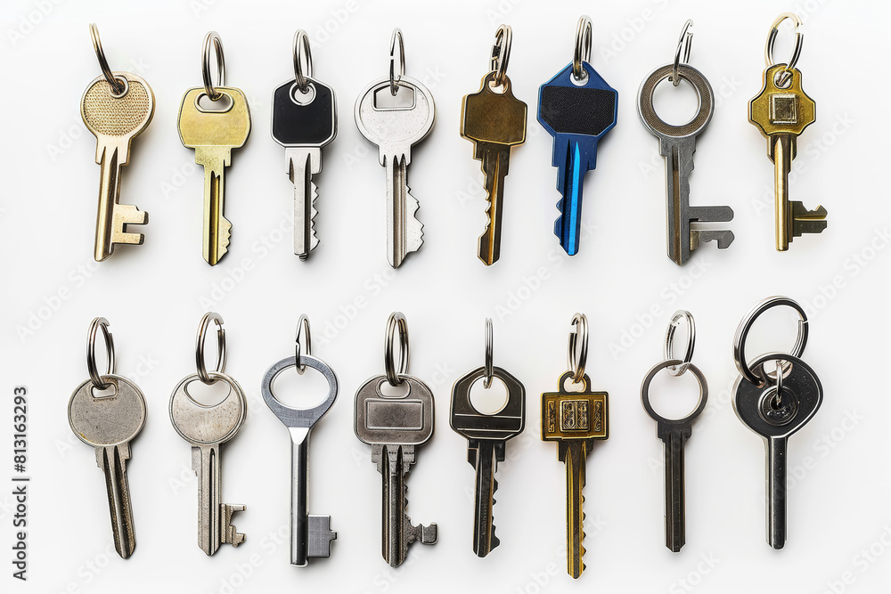 Poster a set of keys with various keychains isolated against a clean white background, cut out from the bac