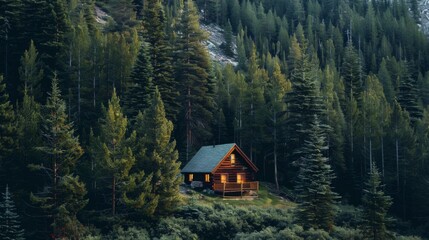 A cozy mountain cabin surrounded by towering pine trees, offering a tranquil retreat in nature.