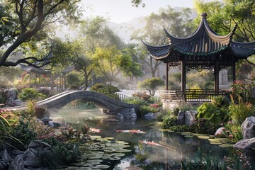 Fototapeta premium Tranquil traditional Chinese garden with pavilion, stone bridge, and pond at sunrise.