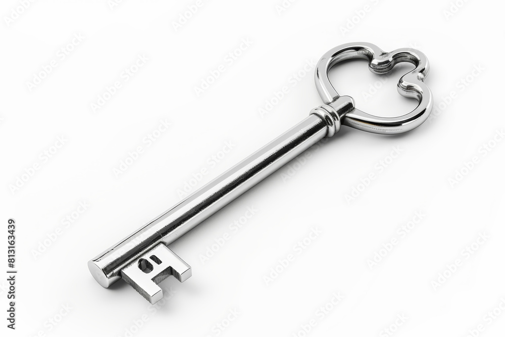 Poster a shiny silver key isolated on a clean white background, separated from the environment, with no bac