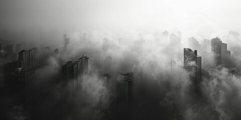 Cityscape with skyscrapers in fog, panoramic banner