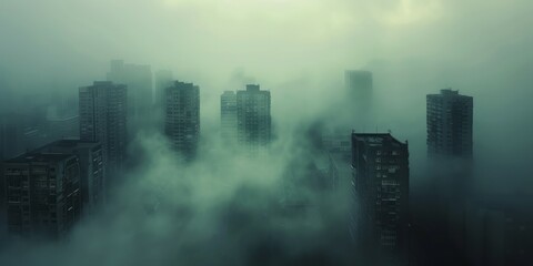 Foggy cityscape with skyscrapers.