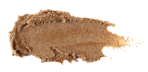 Almond butter spread isolated on white, top view, clipping
