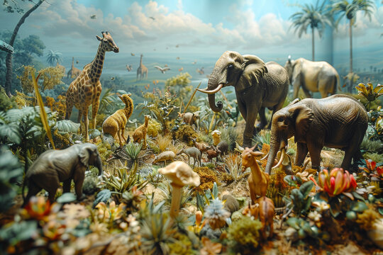 A wildlife diorama featuring realistic depictions of animals in their natural habitats, from African savannas to Arctic tundras. Concept of wildlife conservation. Generative Ai.