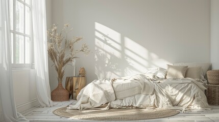 Picture A Scandinavian Hamptons-Style White Bedroom Interior, With Light Walls, Wooden Accents, And A Cozy Mock-Up Bed