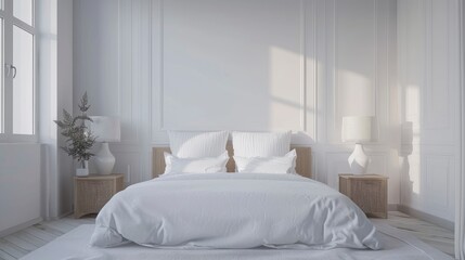 Picture A Scandinavian Hamptons-Style White Bedroom Interior, With Light Walls, Wooden Accents, And A Cozy Mock-Up Bed