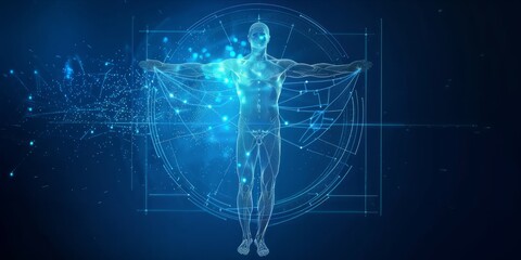 Polygonal wireframe Vitruvian man with futuristic element.