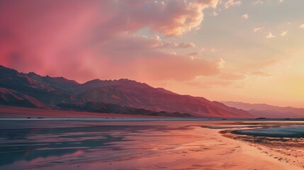 A serene landscape depicts a shallow body of water reflecting the warm hues of the sky at sunset or sunrise. The sky is ablaze with shades of pink, orange, and yellow, touching the scattered clouds. I - Powered by Adobe