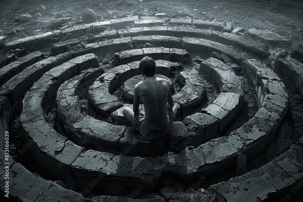 Poster the feeling of being trapped in a downward spiral of negative thoughts and emotions, with no way to 