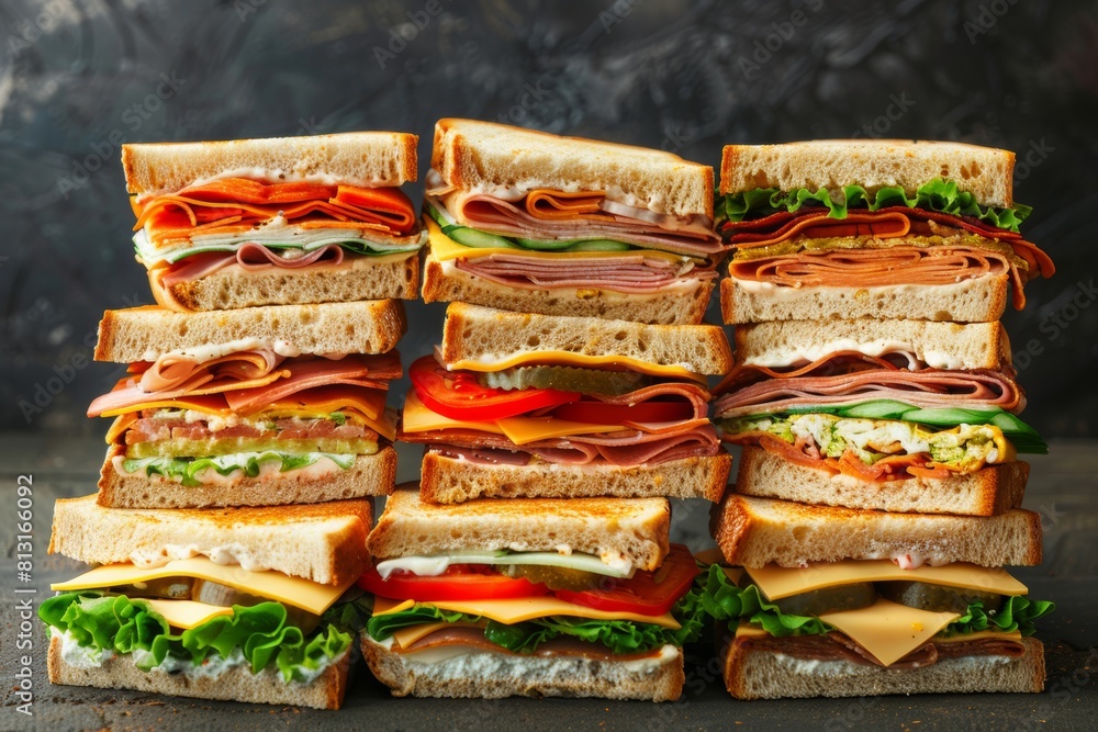 Poster a tall stack of assorted sandwiches, each with unique fillings and toppings, offering a delicious di