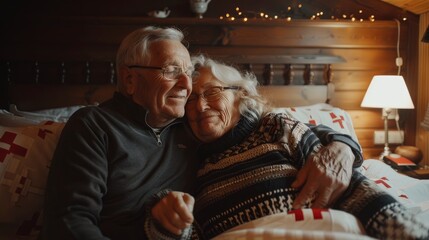 Obraz premium Share In The Bond Of A Happy Senior Family Couple, Embracing Each Other Warmly In The Comfort Of Their Bedroom At Home Or In A Hotel