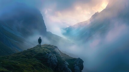 The image showcases a breathtaking landscape scene with a solitary figure standing on a grassy outcrop. The person is silhouetted against a backdrop of steep, misty mountains which fade into the dista