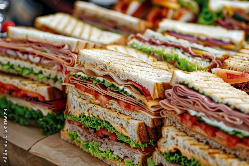 Poster a colorful stack of assorted sandwiches on a wooden table, showcasing a variety of fillings and text