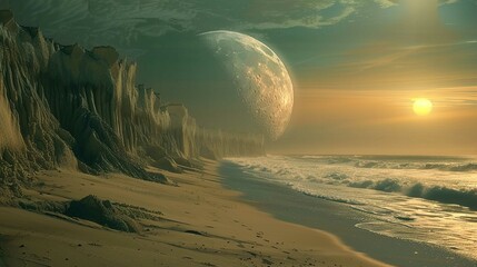 A dramatic and otherworldly landscape depicts a sprawling beach with textured cliffs on the left....