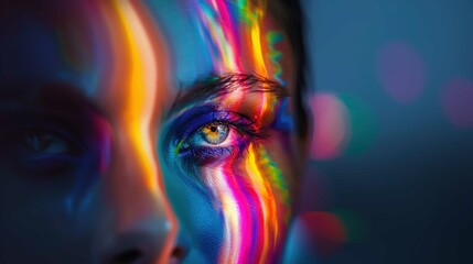 A close-up of a person's face illuminated by colorful lights creating a vibrant spectrum effect across the skin. The individual's right eye is in sharp focus, showcasing intricate details like eyelash