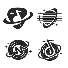 set of Music planet logo. Saturn ring planet music icon Vector. Space orbital planetary sphere design