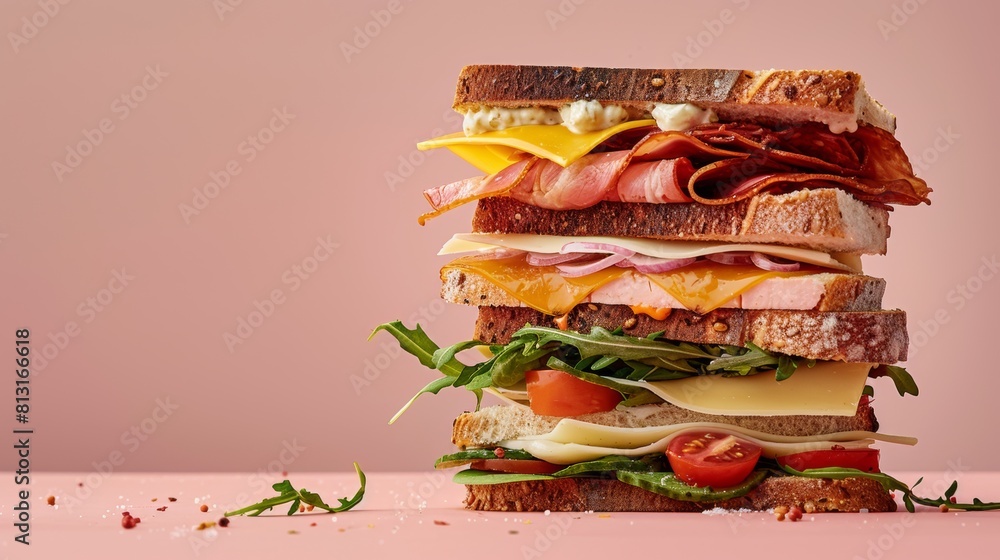 Aufkleber A colorful array of sandwiches stacked neatly on a soft pink background, showcasing a variety of fillings and bread types. Generative AI