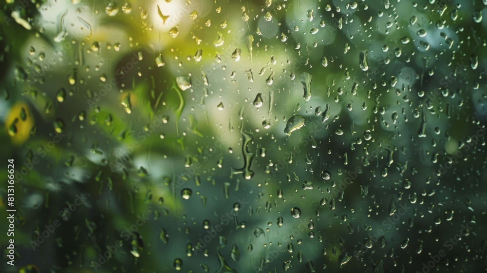 Poster a dreamy close-up of raindrops on a windowpane overlooking a lush garden, blending the elements of n
