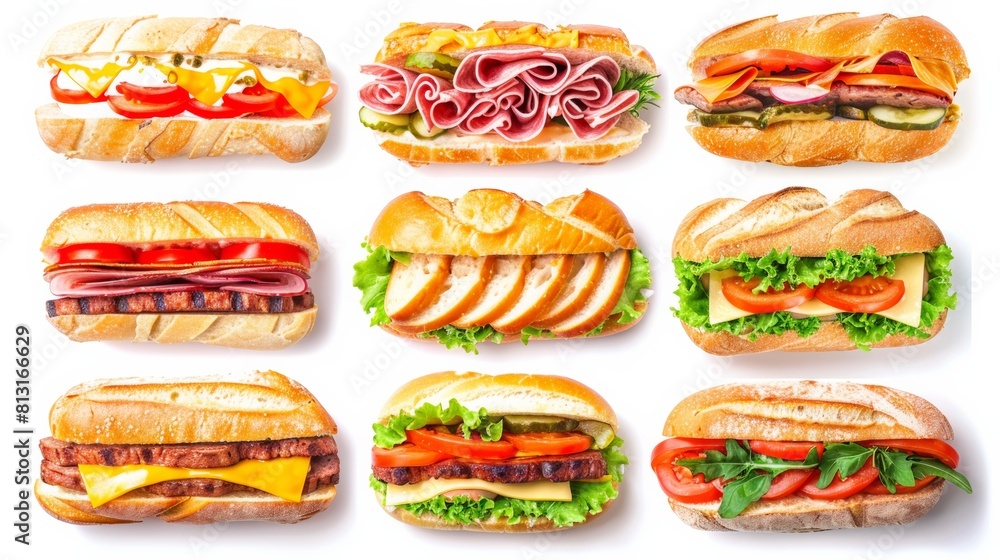 Poster diverse assortment of delectable sandwiches arranged on a pristine white backdrop. generative ai