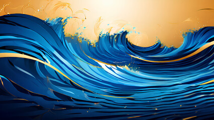 Dynamic Wave - Blue and Gold Abstract Background with Thick Lines