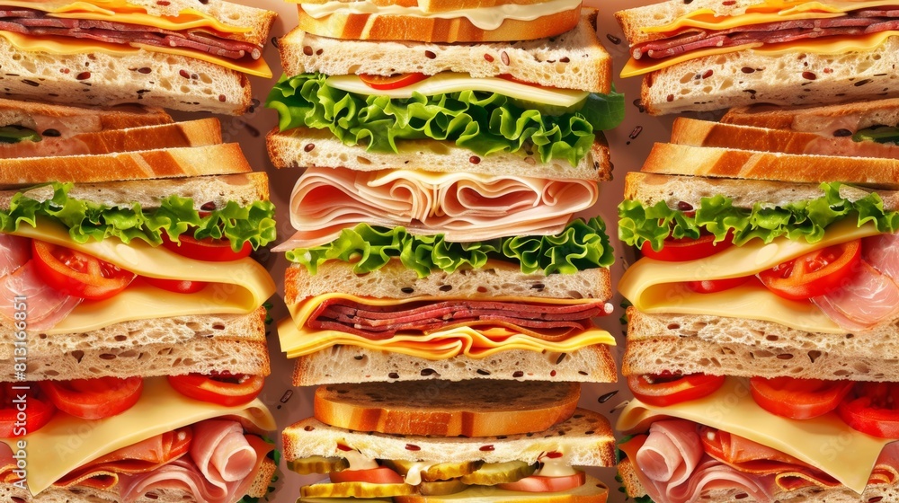 Poster a tall stack of sandwiches, each filled with delicious ingredients, creating a mouth-watering displa