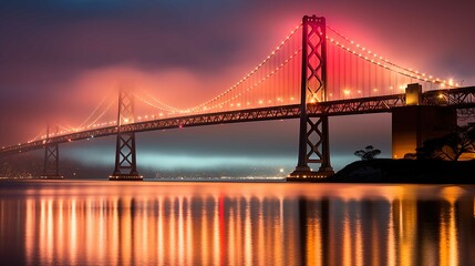 A majestic suspension bridge illuminated with bright lights spans across a body of water, casting vivid reflections on the surface. The bridge stands tall against a dusky sky with a gradient of warm o