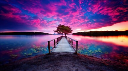 The image features a stunning lakeside scene at either sunrise or sunset, with vivid colors...