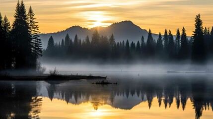 A serene landscape is depicted showing a sunrise over a mountain range with silhouetted coniferous trees in the foreground. Mist hovers above the smooth surface of a lake, which reflects the trees and