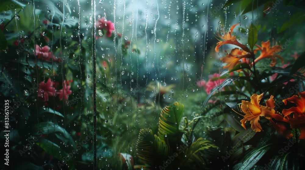 Poster a dreamy close-up of raindrops on a windowpane overlooking a lush garden, blending the elements of n